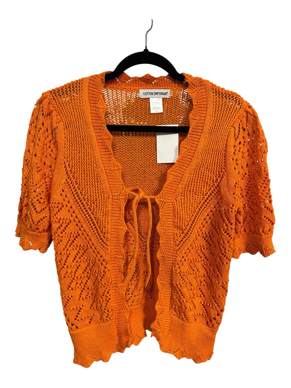 NWT Cotton Emporium Bright Orange Openwork Tie-Front Short Sleeve Cardigan Sz M